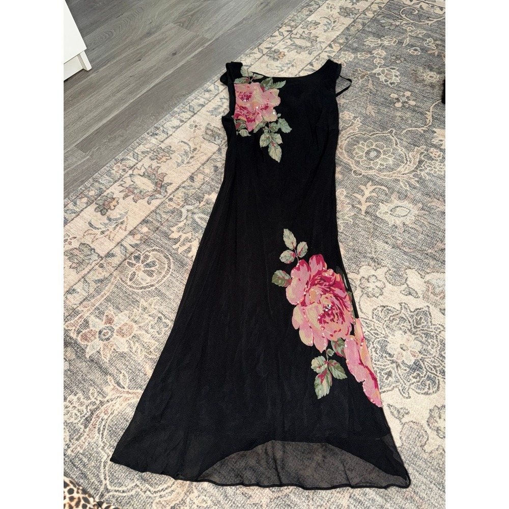 Vintage Y2K Robbie Bee Silk Floral Beaded Midi Dress Black Sequin